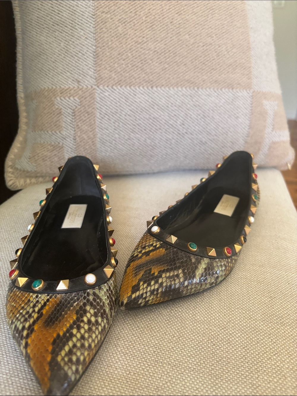 Valentino Multicolor Studded Snakeskin Pointed-Toe Flats